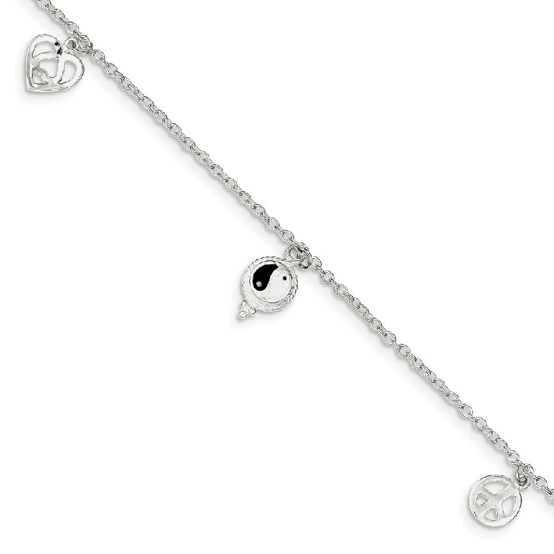 heart-shaped anklet for women-Sterling Silver And Enamel Harmony Charms Anklet, 8-9 Inch