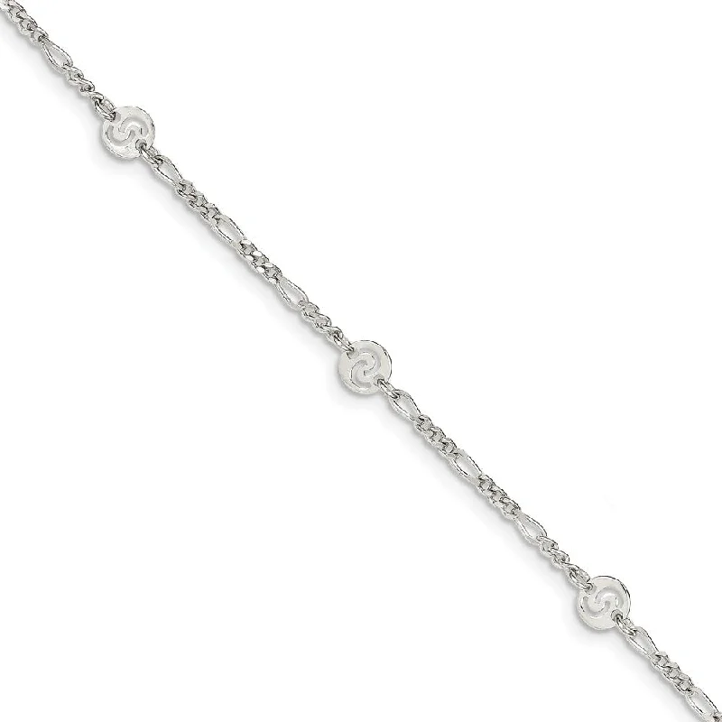 chunky bracelet for women-Sterling Silver Swirl Disc and Figaro Chain Adjustable Anklet, 9 Inch