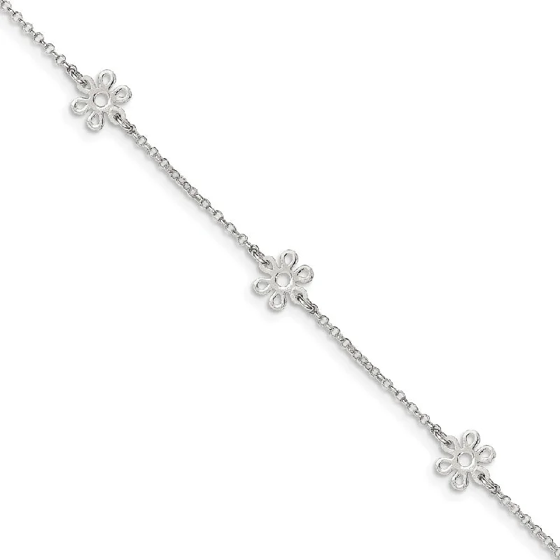 silver bracelet for women-Sterling Silver Flower Station Cable Chain Adjustable Anklet, 9 Inch