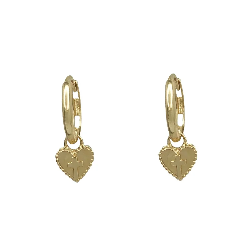 diamond drop earrings for women-Heart & Cross Huggie Earrings (14K)