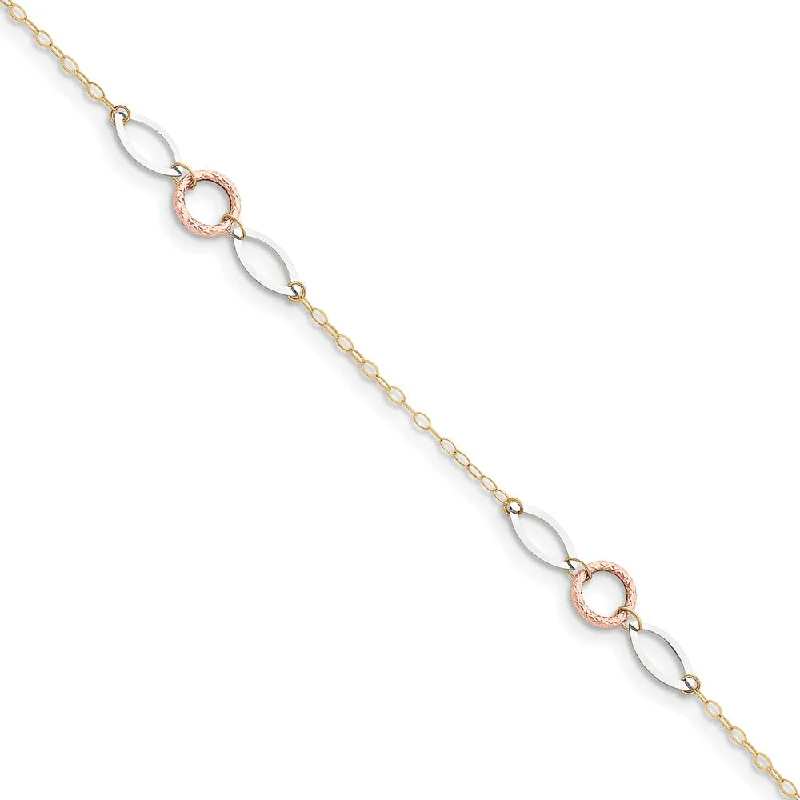 thin bracelet for women-14k Tri-Color Gold Circle and Oval Anklet, 9-10 Inch