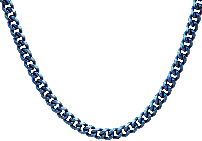 moonstone necklace for women-Mens 7mm Blue Plated Stainless Steel Curb 24" Link Chain Necklace