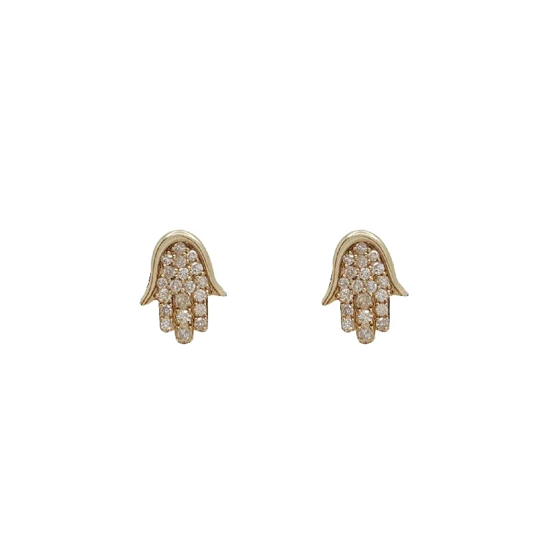 hoop earrings with pearls for women-Diamond Hamsa Hand Stud Earrings (10K)