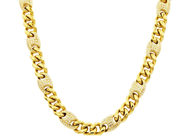 silver chain necklace for women-Mens 10mm Gold Plated Stainless Steel Mariner Curb Chain Necklace With Cubic Zirconia