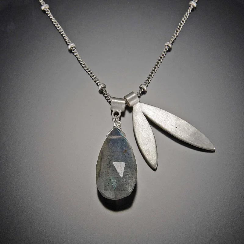 gold heart necklace for women-Large Faceted Labradorite and Leaf Charm Necklace