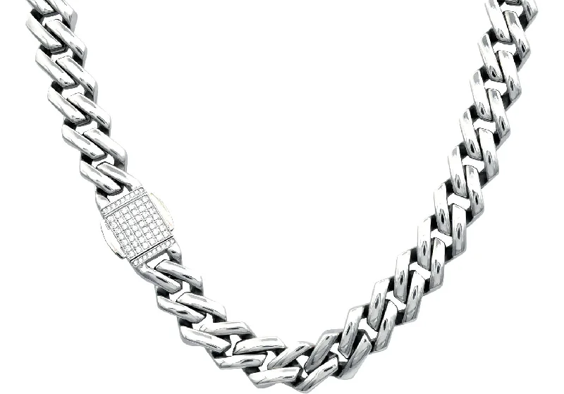 layering necklace for women-Mens 14mm Stainless Steel Closed Link Curb Chain Necklace With Cubic Zirconia Embedded Box Clasp