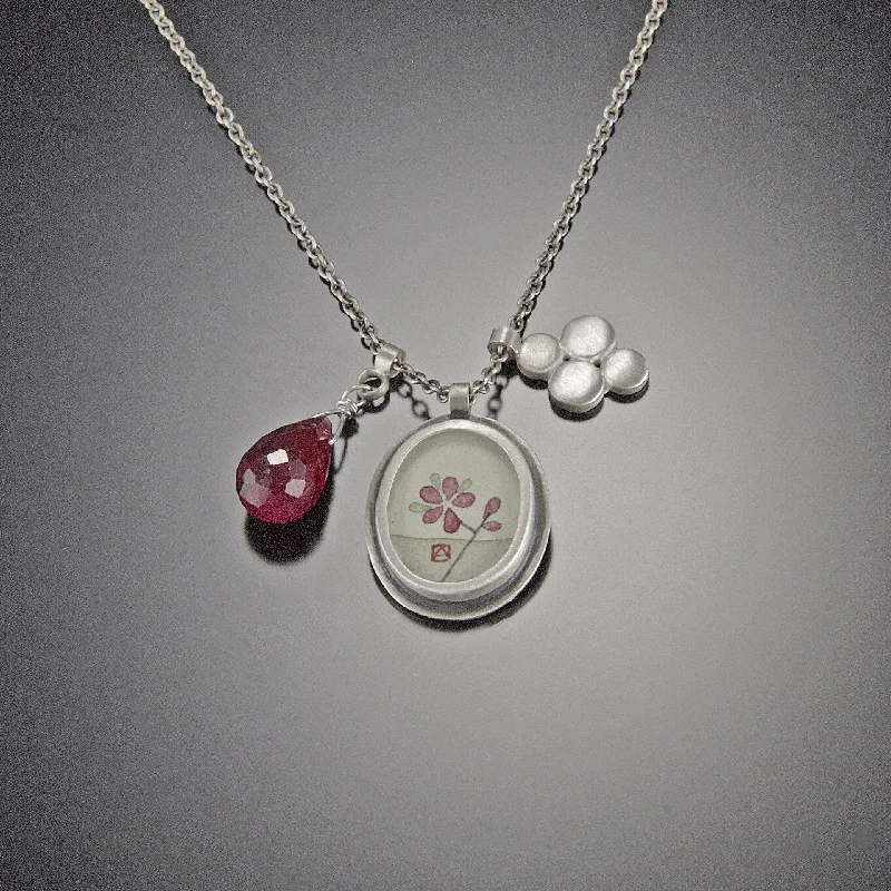 pendant necklace for women-Plum Blossom Charm Necklace with Ruby Teardrop