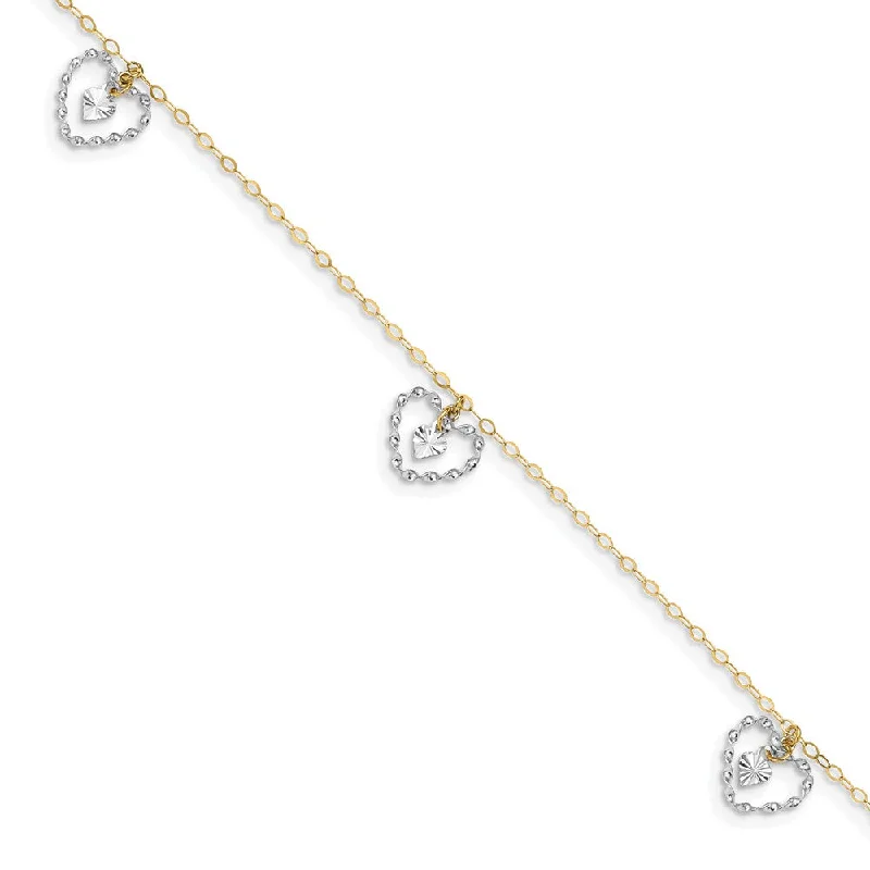 infinity anklet for women-14k Two-Tone Gold Dangling Double Heart Adjustable Anklet, 9 Inch