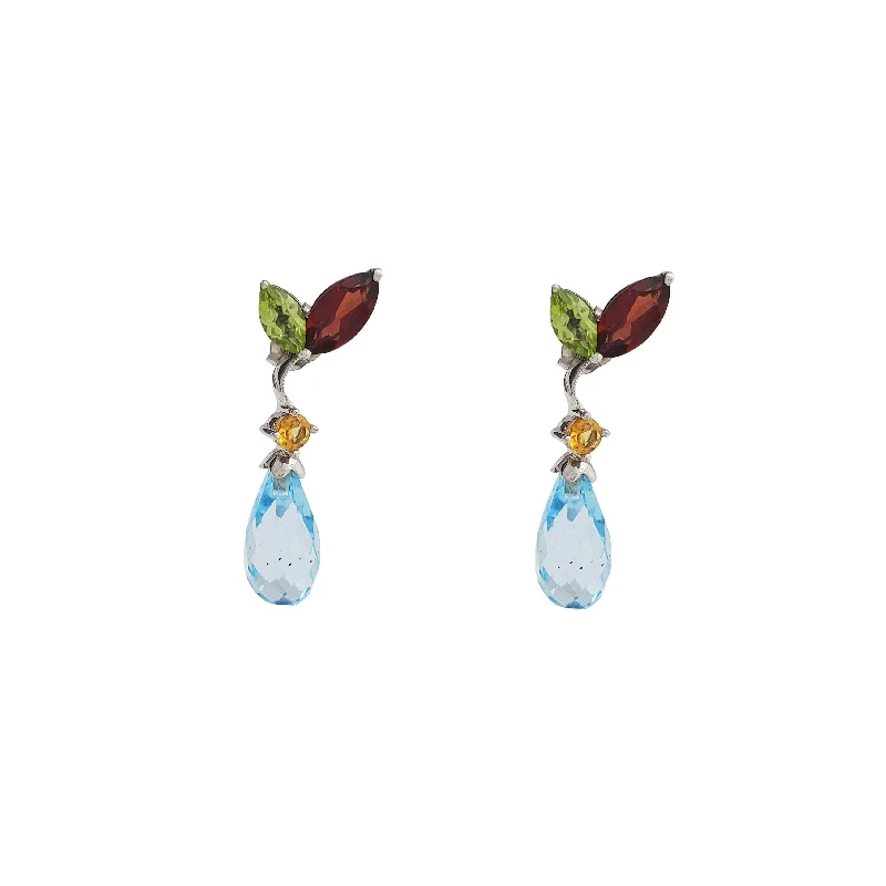 drop earrings for women-Blue Topaz, Garnet, Peridot and Yellow Topaz (18K)