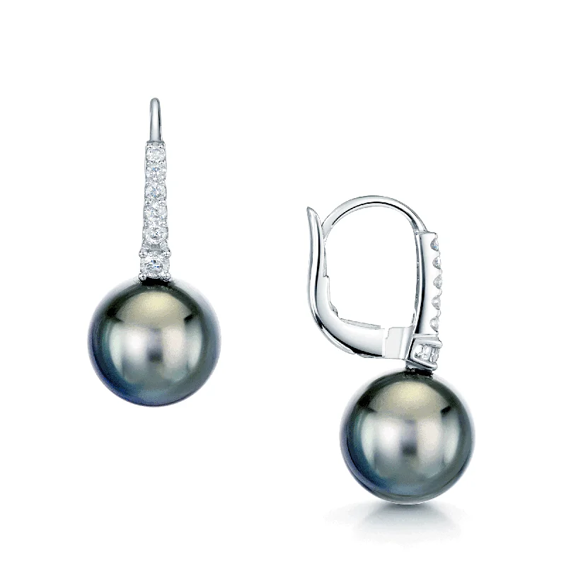 ear climbers for women-18ct White Gold Tahitian Black Pearl and Diamond Small Hoop Style Earrings