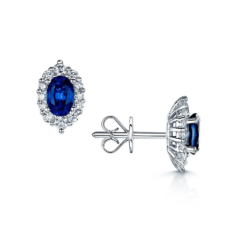 colorful earrings for women-18ct White Gold Oval Sapphire And Diamond Halo Stud Earrings