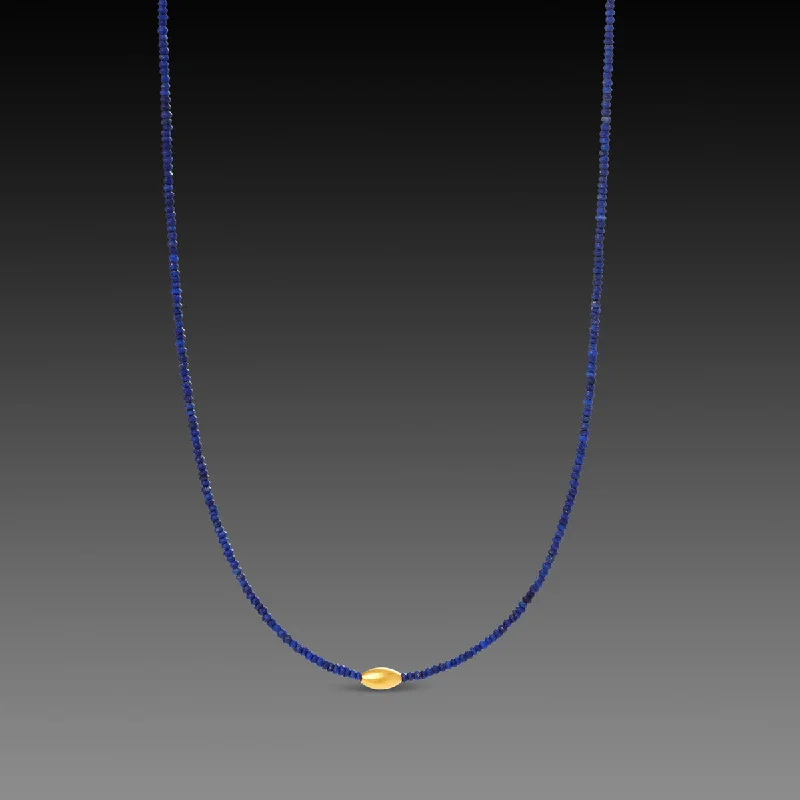 bold necklace for women-Lapis Necklace with Gold Rice Bead