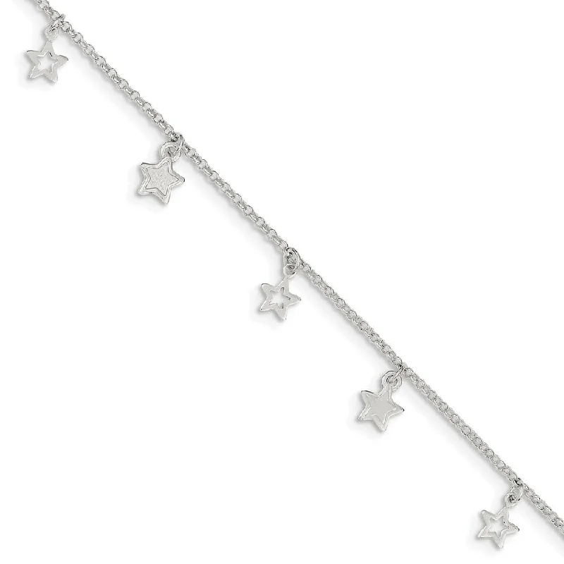 gemstone bracelet for women-Sterling Silver 1.5mm Cable and Dangling Stars Anklet, 9-10 Inch