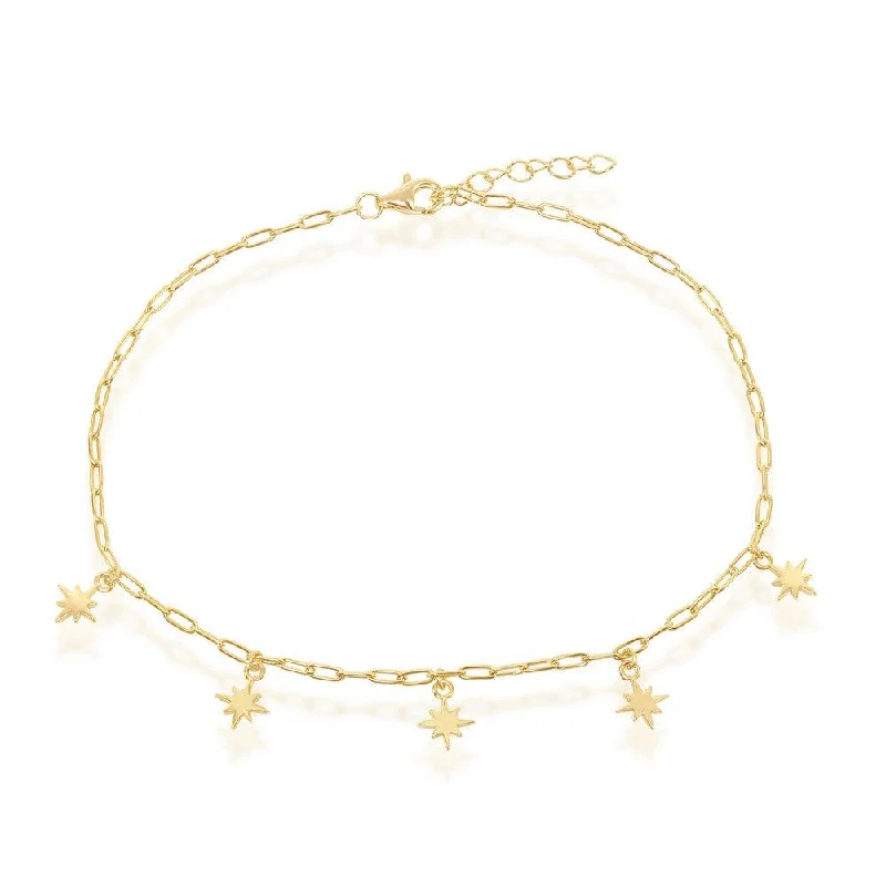 custom bracelet for women-Sterling Silver Starburst Charms Paperclip Anklet - Gold Plated