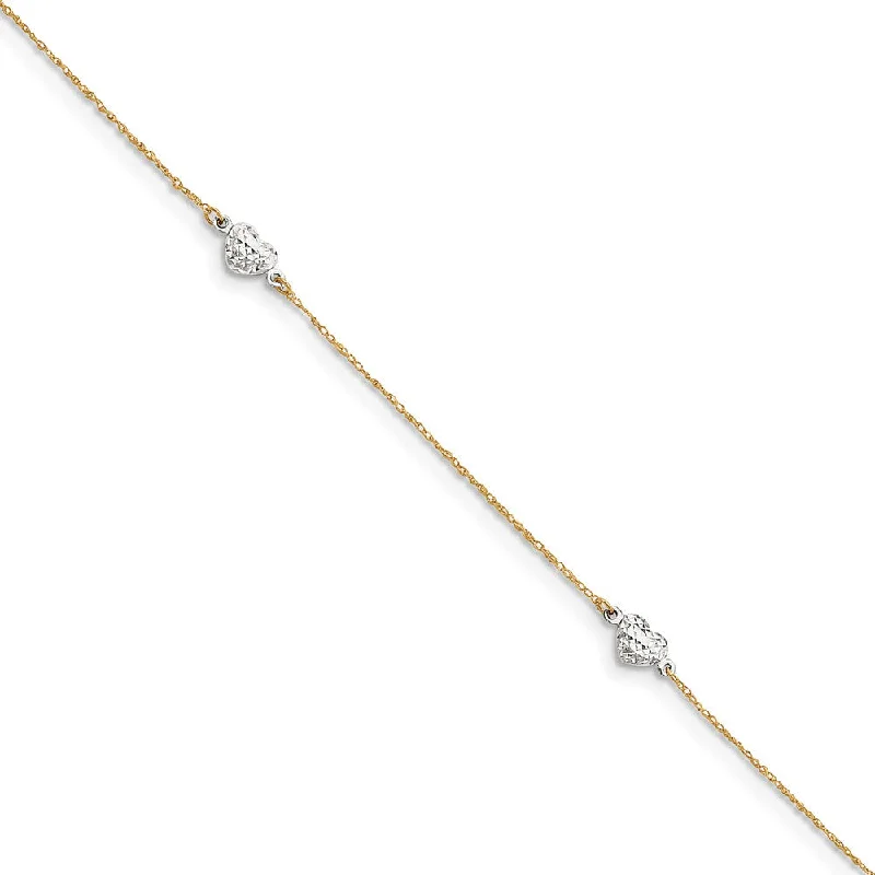 anklet with diamonds for women-14k Two-tone Gold Puff Heart Anklet, 9-10 Inch