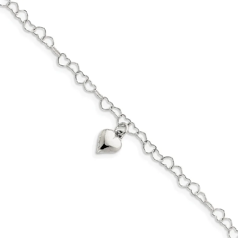 personalized anklet for women-Sterling Silver 5mm Heart Link And Dangling 8mm Heart Anklet, 9-10 In