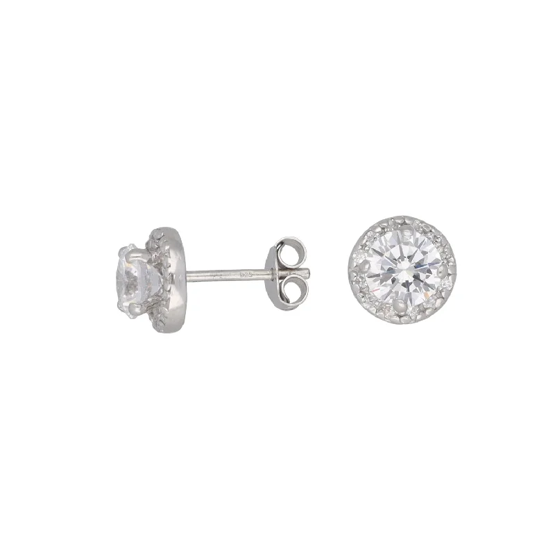 luxury diamond earrings for women-New Sterling Silver Cubic Zirconia Halo Stud Earrings