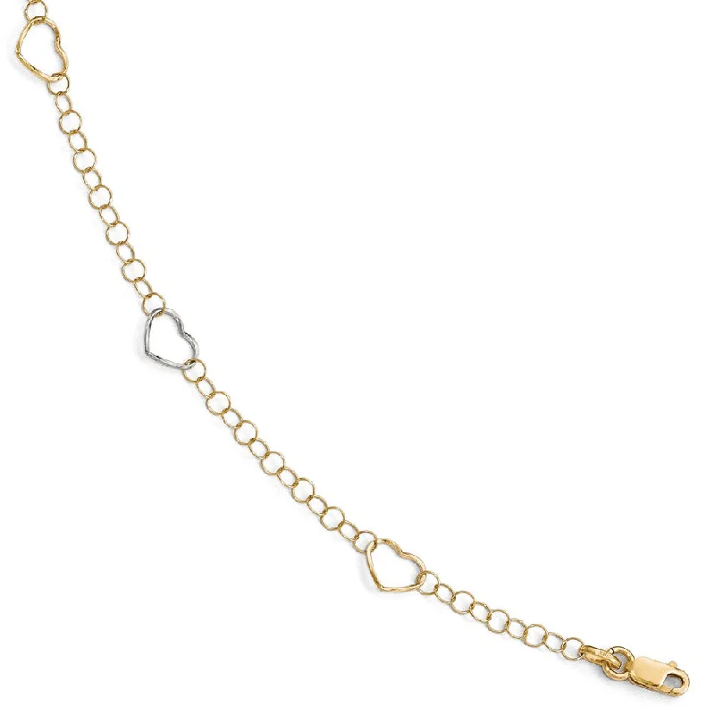 elegant anklet for women-14k Two Tone Gold Open Heart Link Station Anklet, 9-10 Inch